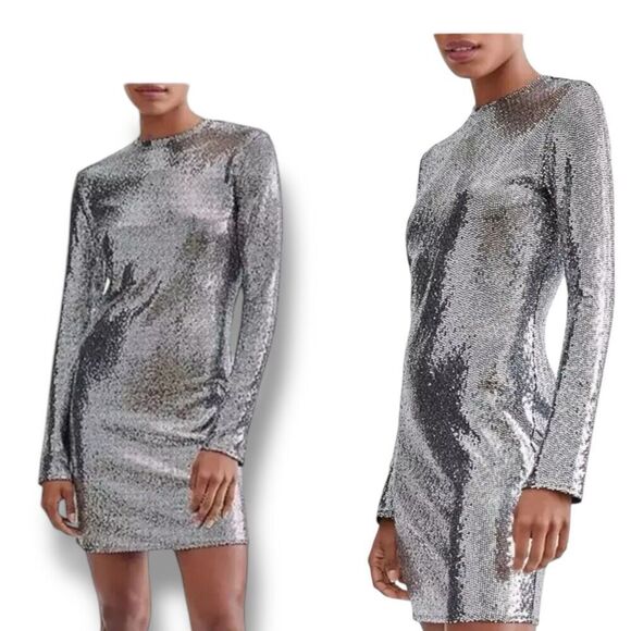 7 For‎ All Mankind Dress XS Silver Metallic Sparkle Mini Club Long Sleeve Sequin - Picture 1 of 16